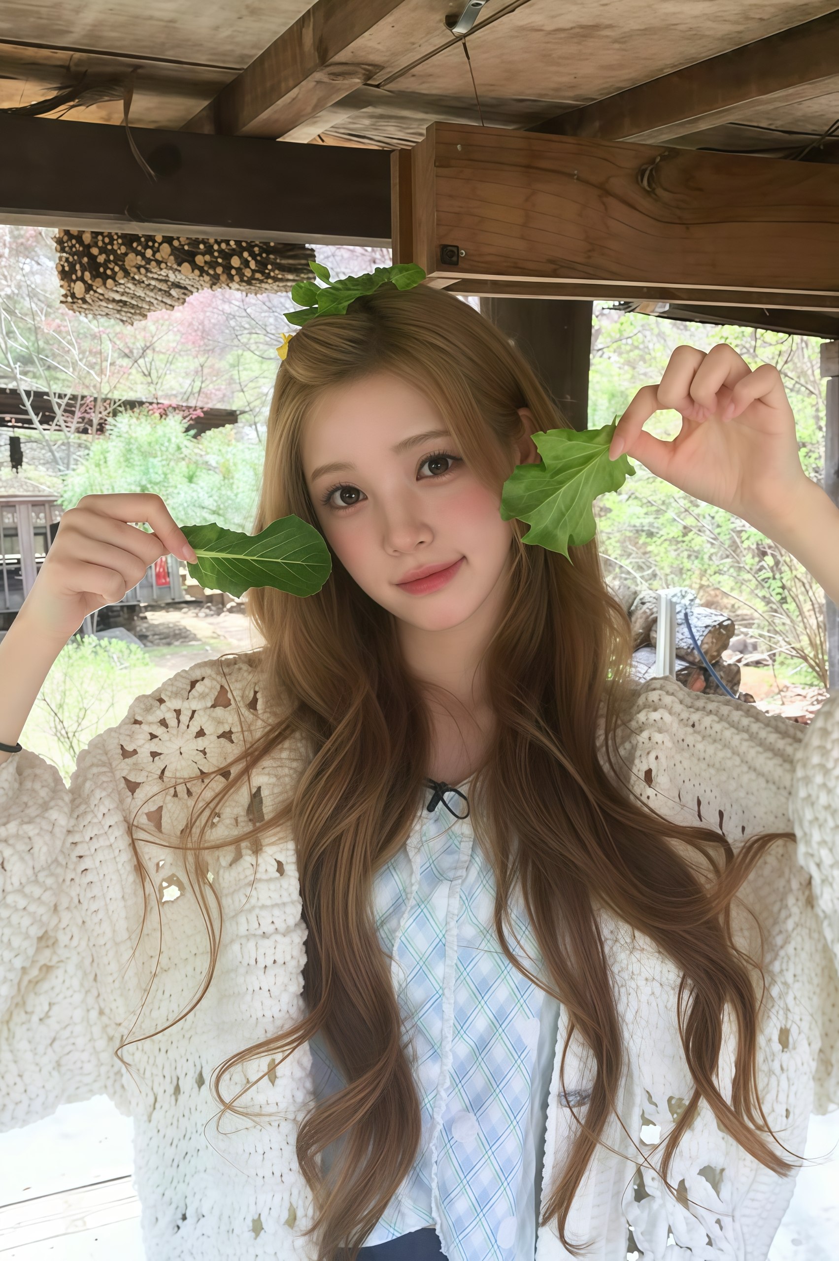 Mibey holding little green leaves